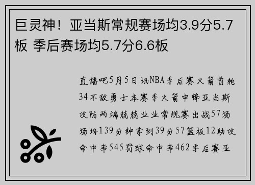 巨灵神！亚当斯常规赛场均3.9分5.7板 季后赛场均5.7分6.6板